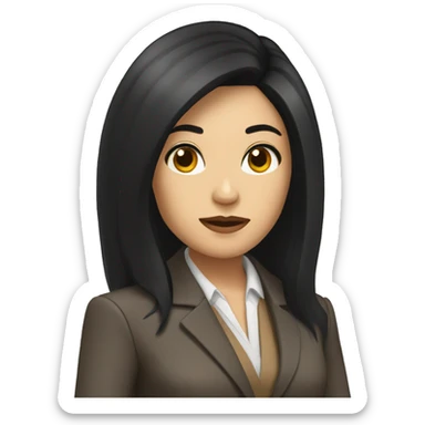 Female defense attorney with long black hair with brown suit sticker