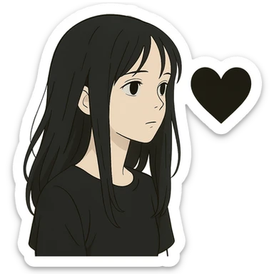 ghibli style pale girl with long black hair and a black heart sticker