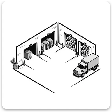 isometric view of an industrial warehouse with loading bay doors, a few parked trucks, and storage shelves visible through open doors sticker