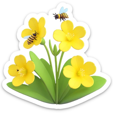 evening primrose and bee, 3D iOS style, cartoonish shapes, expressive light and shadow, clean background sticker
