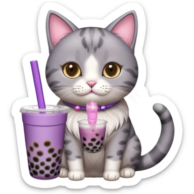 a cat drinking from a mini purple bubble tea cup, cat and bubble tea are different separate figures sticker
