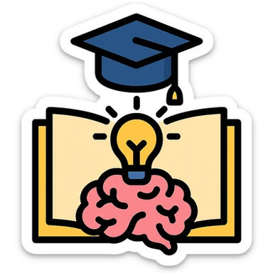 Flat design icon for 'Learning / Knowledge' illustrating an open book, graduation cap, or brain with lightbulb, maintaining a clean and modern look. sticker