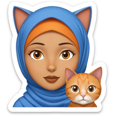hijabi girl with blue hijab and brown skin. make her look really cool. and give her an orange cat sticker