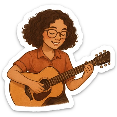 A girl with curly brown hair and brown glasses, in a shirt, playing guitar, for a music therapy internship, warm, professional, inviting sticker