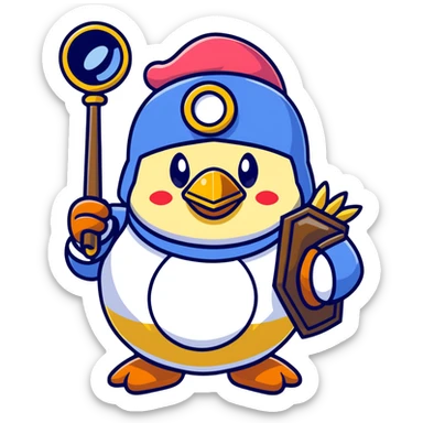 King Dedede from Kirby dressed as a detective, holding a magnifying glass, cartoon style sticker