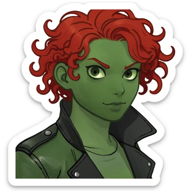 A person half human half zombie curly red hair wearing a black leather jacket sticker