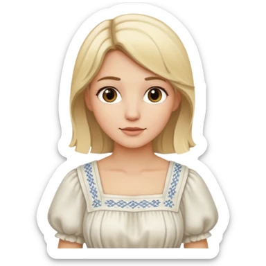 Mujer rubia con mechas un poco oscuras, cabello semilargo, vestido campesino blanco sticker