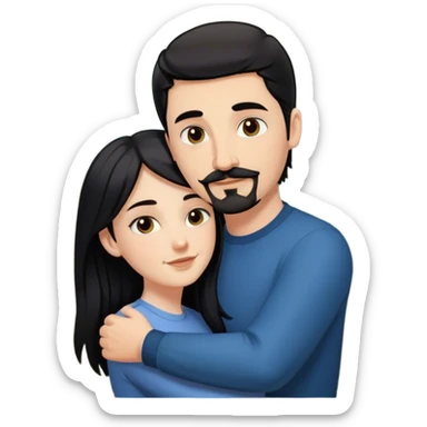 a white girl with long black hair, hugging a white guy with short brown hair goatee mustache, in forest sticker