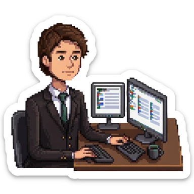 corporate guy with brown hair working on a CRM at a computer sticker