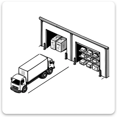 isometric view of an industrial warehouse with loading bay doors, a few parked trucks, and storage shelves visible through open doors sticker