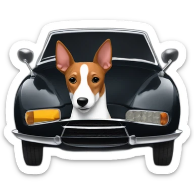 Tricolor basenji sitting in driver’s seat of a black Aston Martin sticker