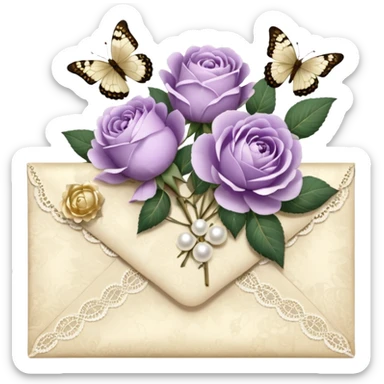 A delicate still life of an aged love letter sealed with golden wax, placed on a vintage lace doily, accompanied by a bouquet of pale purle roses and white peonies, with a shimmering pearl butterfly resting on the envelope. sticker