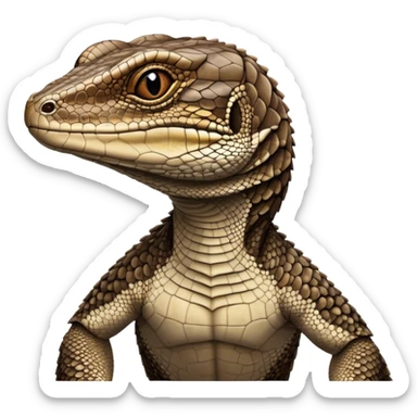 Cinematic Noble brown camo spotted monitor Lizard Portrait Emoji, Poised and regal, with a robust, scaled body exhibiting striking, mottled patterns and piercing, alert eyes, Simplified yet sharp and sophisticated features, highly detailed, glowing with a soft, earthy glow, high shine, intelligent and formidable, stylized with an air of ancient wilderness, focused and commanding, soft glowing outline, capturing the essence of a watchful and confident reptilian guardian that appears ready to stride out of the screen with effortless authority! sticker