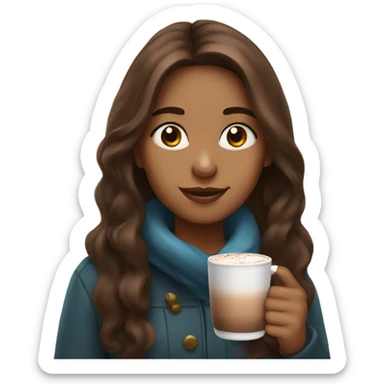Girl with brown long hair and a hot chocolate sticker