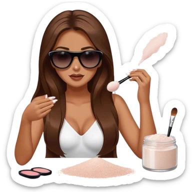 woman with long brown hair and sunglasses sprinkling salt that is falling from her hand onto some makeup that is on a table sticker