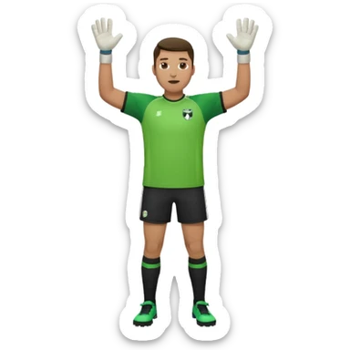 goalkeeper, standing, wearing a green shirt, shorts, socks and football trainers, with arms raised sticker