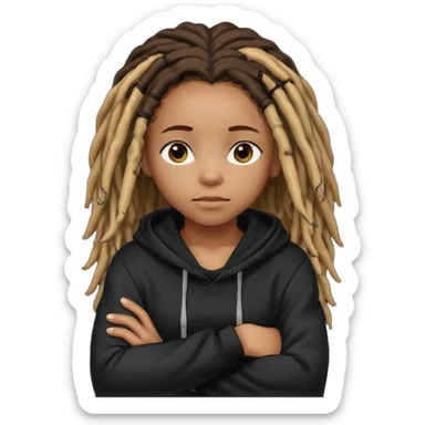 African American girl with dreadlocks wearing a plain black hoodie with her arms folded across her chest sticker