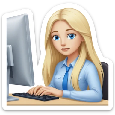 Cinematic realistic blonde with long hair, blue eyes is working at a computer sticker
