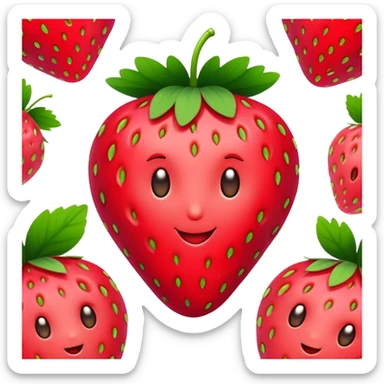 Cinematic Realistic Strawberry Emoji, Plump and juicy, with a deep red color and small, fresh seeds dotted across the skin. Its glossy, sweet surface catches the light, while bright green leaves top off the perfect, delicious berry. Soft glowing outline, capturing the essence of sweetness and freshness in a bright strawberry! sticker