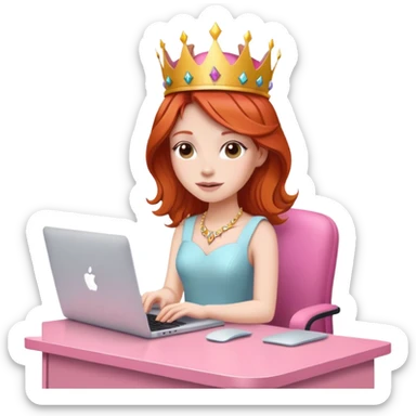 Redhead with crown on her head sat at the desk with MacBook and pink desk chair  sticker