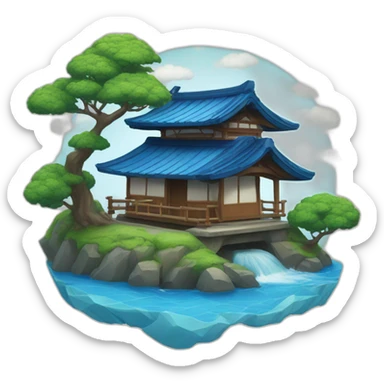 An island with a small Japanese house with a blue tiled roof and a blue torii gate sticker