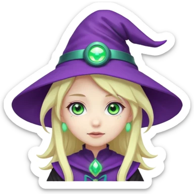 Make a blonde girl with green glowing headset on with teal eyes and a purple haired girl with green eyes waering a purple wit hes hat haveing fun , make them a chibi emoji page anime style sticker