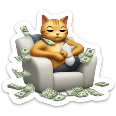 CAT EMOJI CHARACTER WITH ARMS AND LEGS WITH MONEY AMONGST OTHER EMOJI CHARACTERS RELAXING sticker