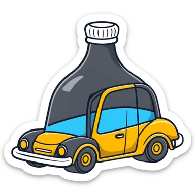 cartoonish icon of a car with wobbly motion lines and a bottle, representing drunk driving sticker