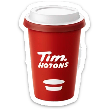 “Red Tim Hortons coffee cup with large white ‘Tim Hortons’ logo in script, black plastic lid, and a simple, clean design.” sticker