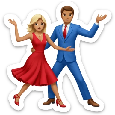 Two people. Man  wearing all red  with brown hair. Women iall blue with blond hair. Swing Dancing.  sticker