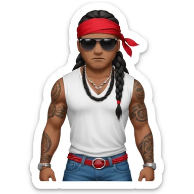 Samoan male.
loose fitting white t-shirt. 
Red bandana. 
Red jeans. 
long black braided hair.
very muscular.
tattoos. 
Tough and menacing. 
Gangster sunglasses. sticker