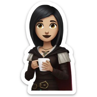 Morrigan from Dragon Age holding a cup of coffee sticker
