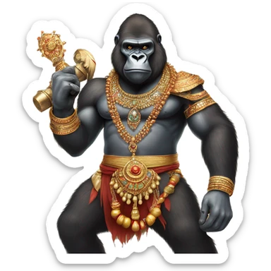 male gorilla with indian male jewellery and  indian traditional wear, holding a  huge weapon, humanoid,  sticker