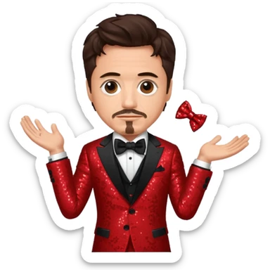 Robert Downey Jr with dark brown hair, red sequin suit with bow tie sticker