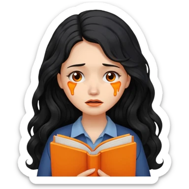Long Hair Women with orrange Book, Black wavy hair, sad, crying

 sticker
