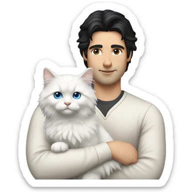 Man with black hair and holding a all white Siberian cat with blue eyes sticker