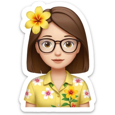 female with white skin. Shoulder length straight brown hair. Brown eyes with glasses. Hawaiian Flower in hair. Female wearing baby yellow shirt. sticker