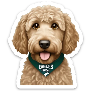 Light brown Labradoodle wearing a Philadelphia eagles shirt sticker