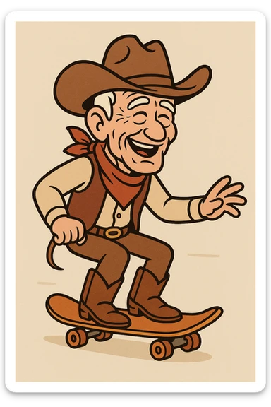 senior cowboy with wrinkled face, cowboy hat, riding a skateboard, cheerful and adventurous sticker