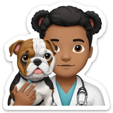 joven médico con el pelo un poco largo pero no tanto y lacio, que tenga un estetoscopio de color de piel tez negra calida !!! que sostiene un bulldog francés blanco y negro  sticker