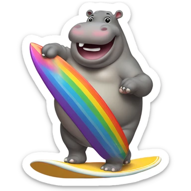 Fat hippo riding surfboard over a rainbow  sticker