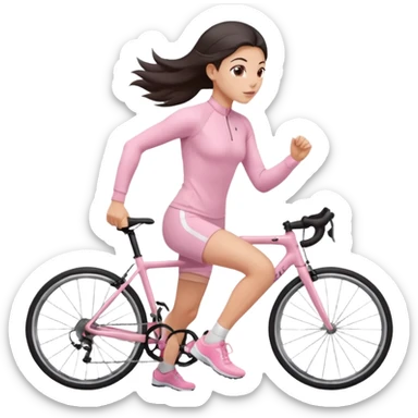 A girl in soft pink sporty tight-fitting clothes, a long-sleeved fitted sweater and cycling shorts is running, her hair is dark and straight, styled. sticker