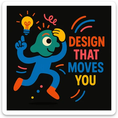 abstract mascot character for a black website, playful and energetic, with visual cues of thinking and creativity in motion, bright lively colors, imaginative style, for a creative tech portfolio, includes the tagline 'Design That Moves You' sticker