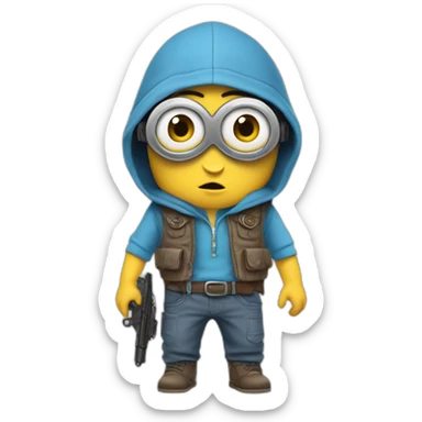 baby minion  in gray pants in a blue sleeveless shirt in a hood and with a collar with two pistols in both hands holds them on both sides raised sticker