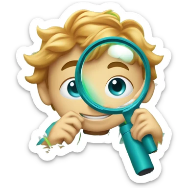 Little boy with blue/turquoise eyes, no glasses, and strawberryblonde slighty wavy hair crouching down low in a lot of green grass. He is holding a magnifying glass, closely examining nature and looking happy/curious sticker
