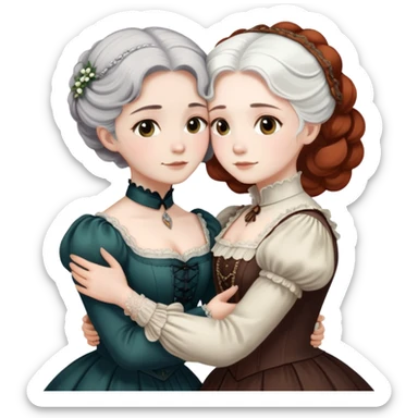 Two Victorian era women hugging each other closely, one with white hair and one with dark copper colored hair, both wearing Victorian period dresses sticker