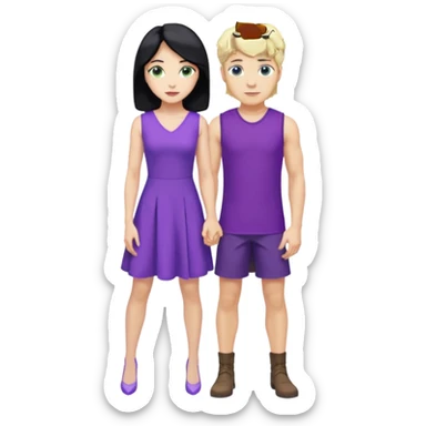 prince, standing upright, black Hair, blue eyes, garment,  woman, bending knee, sleveless white dress, blonde hair, green eyes, sticker