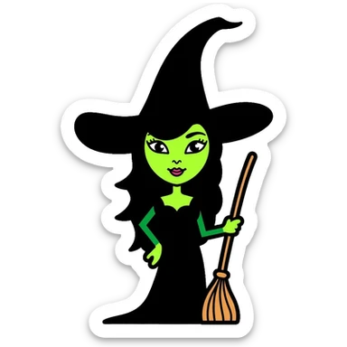 Elphaba from Wicked musical, green-skinned witch with pointy black hat and broom sticker
