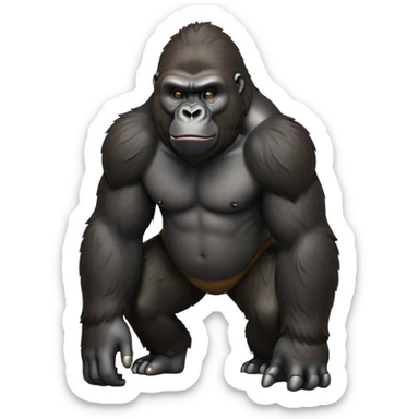 cinematic-gorilla-realistic-full-body-on all fours-emoji,-exuding-strength,-thick-dark-fur-in-the-light,-head-tilted-dramatically,-deep-dark-eyes-filled-with-intense-intelligence,-simplified-yet-realistic-focused-features,-highly-detailed,-glowing-with-an-almost-sarcastic-glow sticker