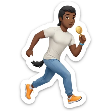 friendly anthropomorphised black stallion in jeans and a t-shirt, jogging upright in relaxed pose, holding a medal sticker